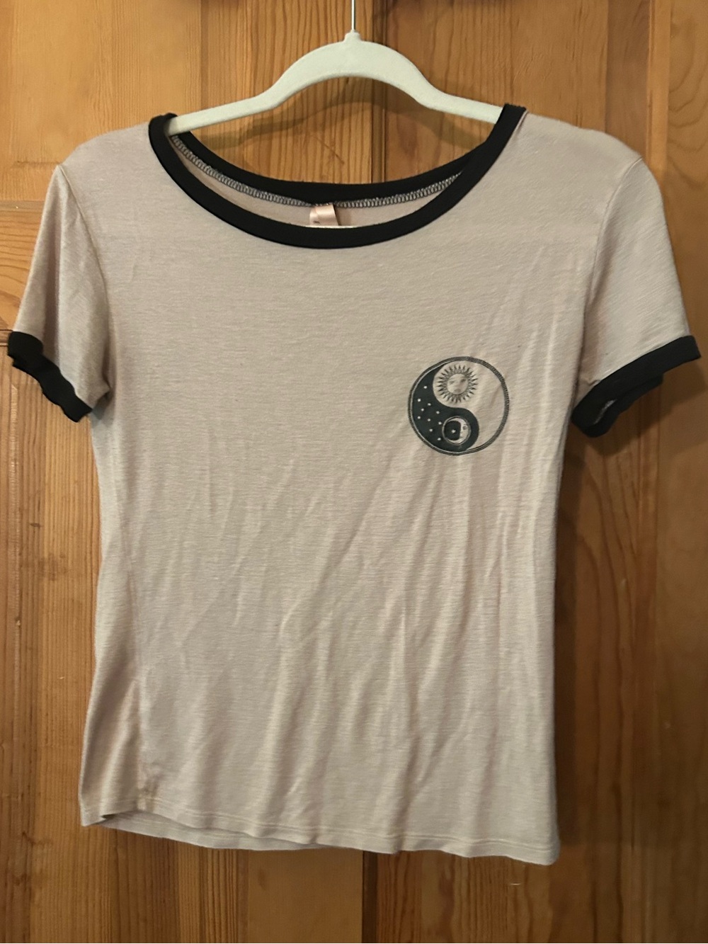 Cream Short-Sleeve Ringer Tee with Black Trim and Sun and Moon Yin-Yang Patch